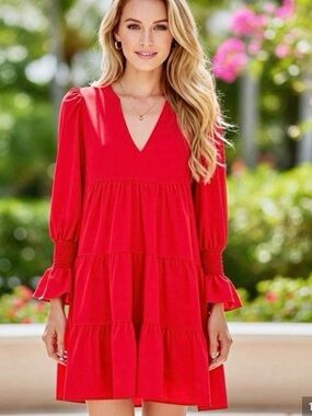 Pomander Place x Tuckernuck Kenzo Red Tiered V-Neck Dress with Smocked Cuffs